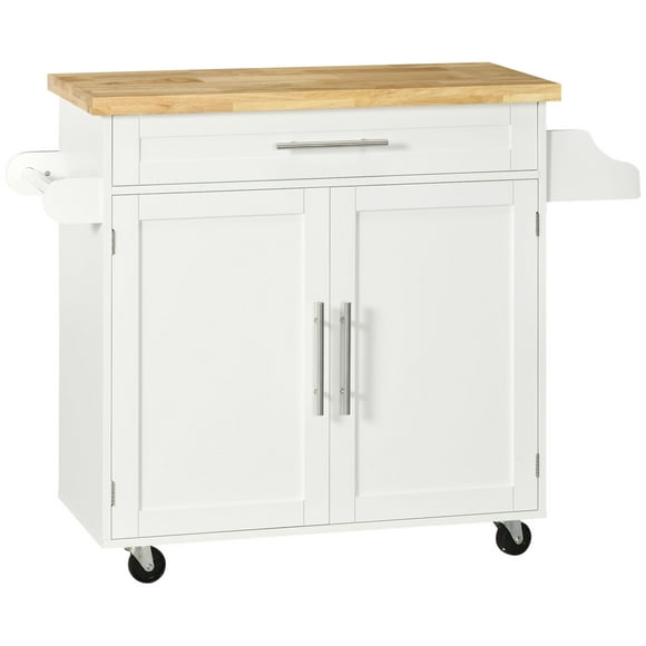 HOMCOM Kitchen Island with Storage, Rolling Cart Trolley with Rubberwood Top,Adjustable Shelf, Drawer, Spice Rack, Towel Rack, White