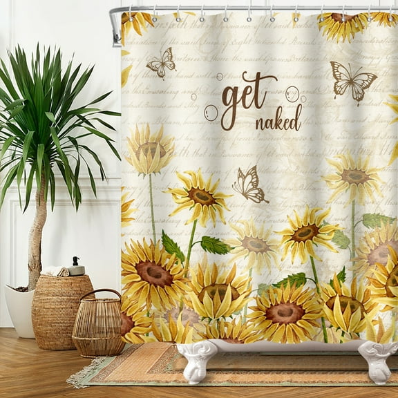 SUNOLIFE Rustic Sunflower Shower Curtain Get Naked Waterproof Fabric Bathroom Curtain 72x72 in