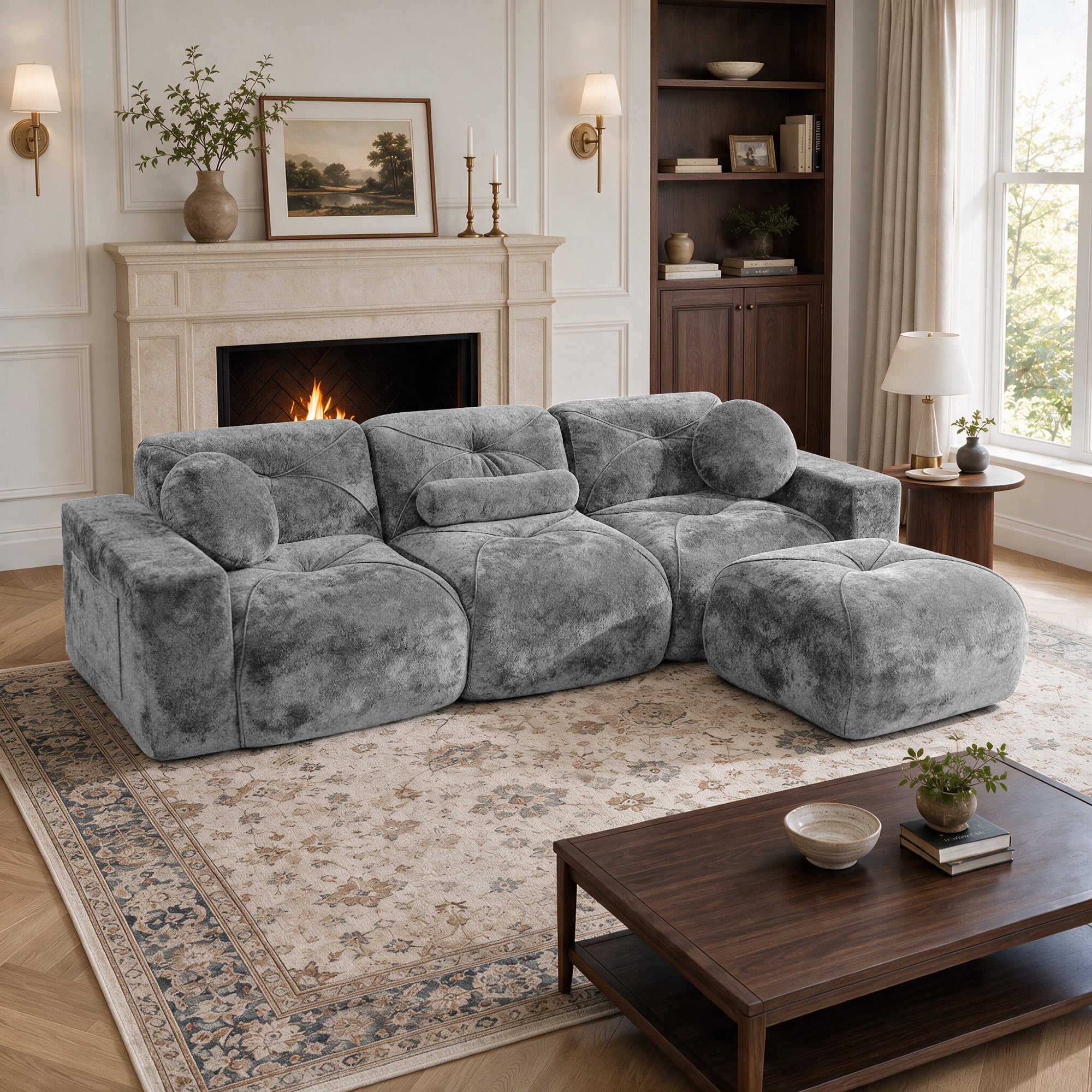 Daeorio 112" Modular Sectional Cloud Couch,Velvet Upholstered Sofa Boneless Modern Comfy No Assembly Required Deep Seat Loveseat Sofa for Living Room,Bedroom,Apartment(Gray,L-Shaped)