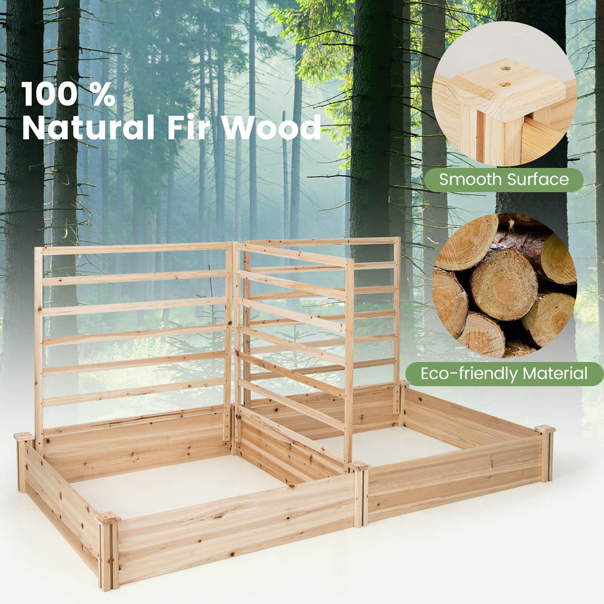 Costway Raised Garden Bed with 3 Trellises with Divided Compartments for Flowers Natural