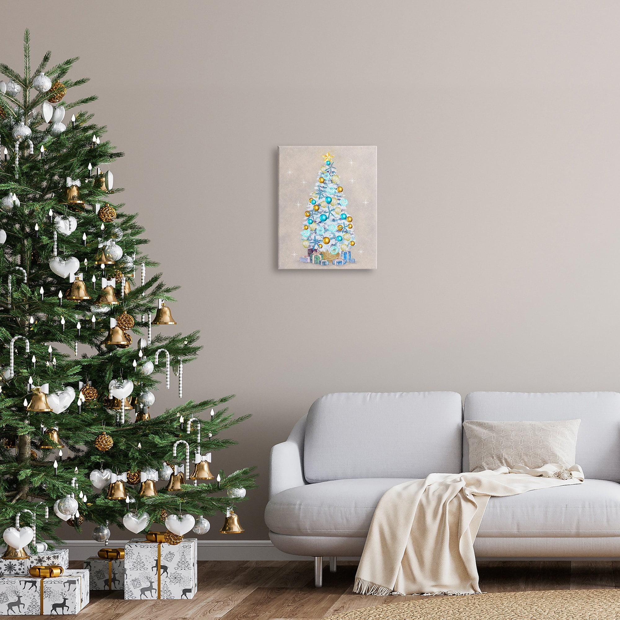 White Decorated Christmas Tree Holiday Gifts Ornaments Botanical & Floral Painting Gallery-Wrapped Canvas Print Wall Art