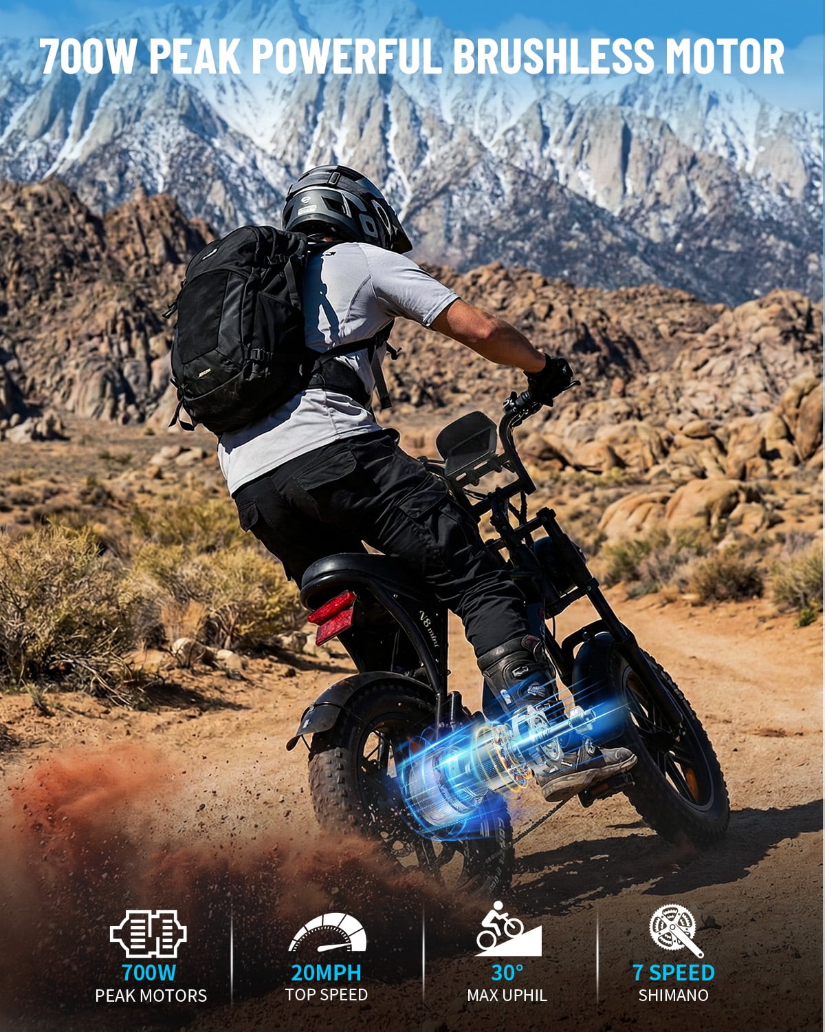 OUXI V8 MINI Electric Bike for Adults, 500W Peak E-Bike with 16" Fat Tires, Removable Battery Options 10.4Ah 7-Speed Electric Bicycle with Dual Disc Brakes