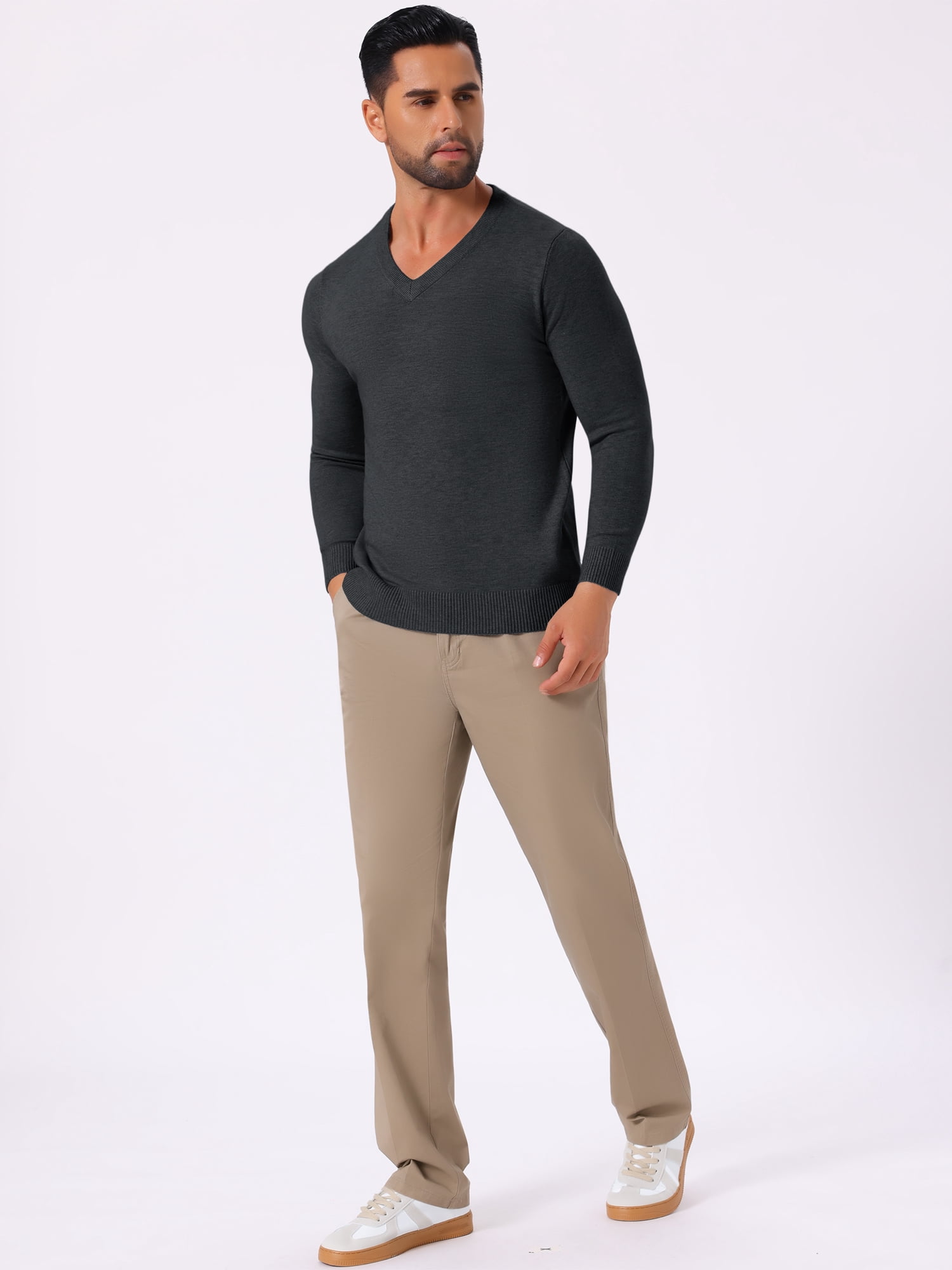 DARING DIVA Men's Long Sleeve V-Neck Solid Knitted Pullover Sweater S Black Gray