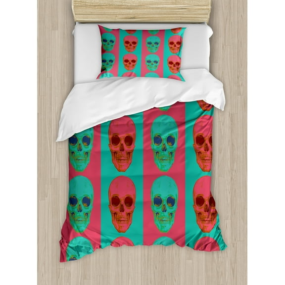 Modern Duvet Cover Set, Skull Pattern with Digital Effects Gothic Dead Anatomy Illustration, Decorative 2 Piece Bedding Set with 1 Pillow Shams, Twin Size, Jade Green Magenta, by Ambesonne
