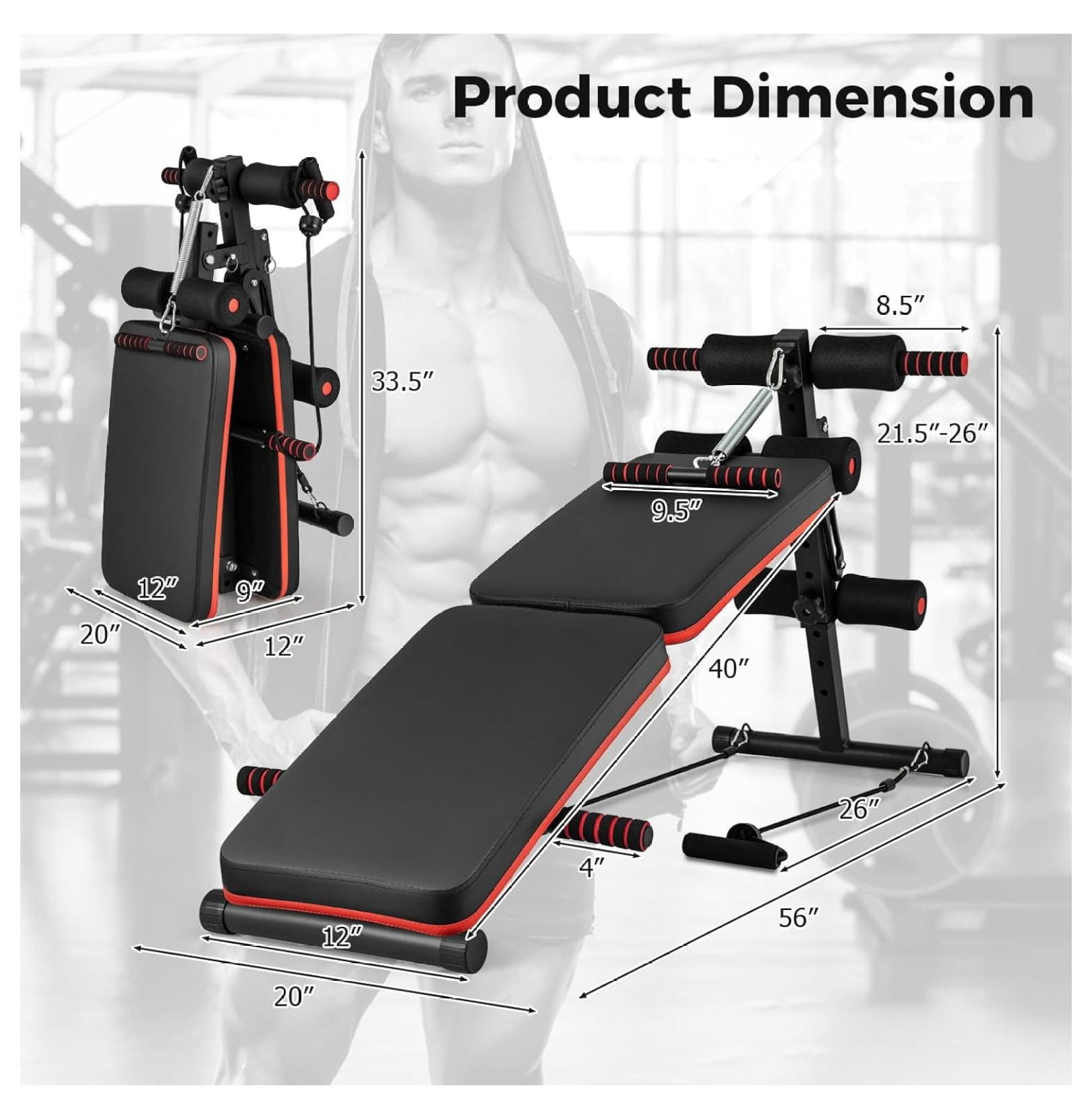 Sit Up Bench 330lbs, Folding Decline Workout Bench with Spring Handle & Elastic Ropes, Adjustable Height Incline for Abdominal & Strength Training