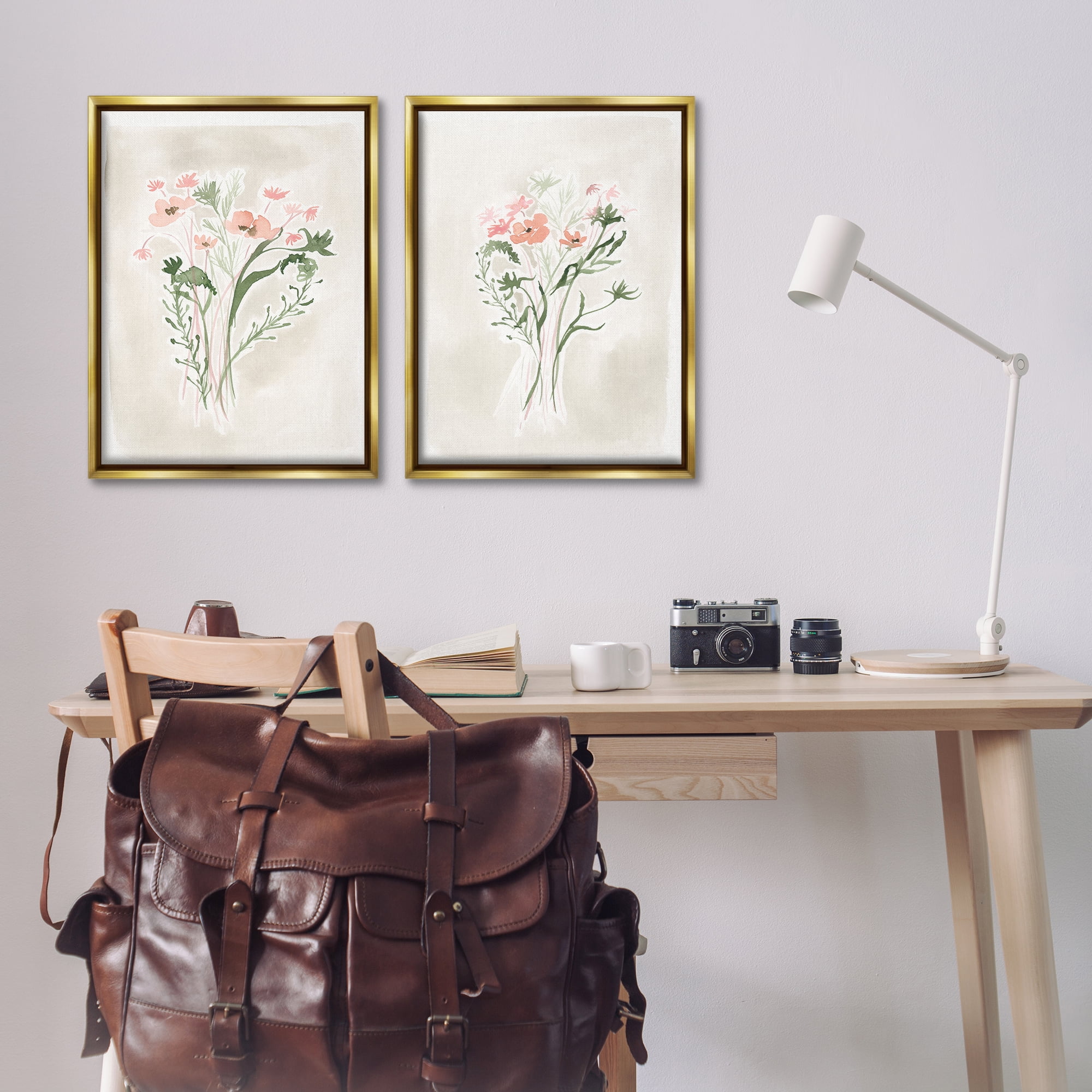 Stupell Industries Simple Watercolor Flowers Plants & Flowers Painting Gold Floater Framed Canvas Art Print Wall Art, 21 x 31, Set of 2