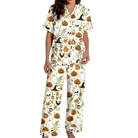 Womens Pajama Sets Halloween Silk Satshort Sleeve Button Up Top Shorts Comfortable Fall Winter Sleepwear Loungewear Nightwear Nightclothes Homewear
