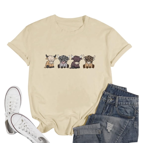 Womens Short Sleeve Tunic Top Crew Neck Highland Cattle Print Fashion 2026 Tees Basic Loose Summer Trendy T Shirts