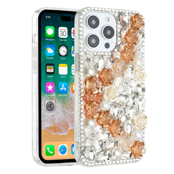 Designed for Apple iPhone 15 Plus (6.7") Fashion Rose Flower Floral Bling Crystal 3D Full Diamonds Pearl Sparkle Rhinestone Glitter Hybrid Phone Case Cover [Gold]
