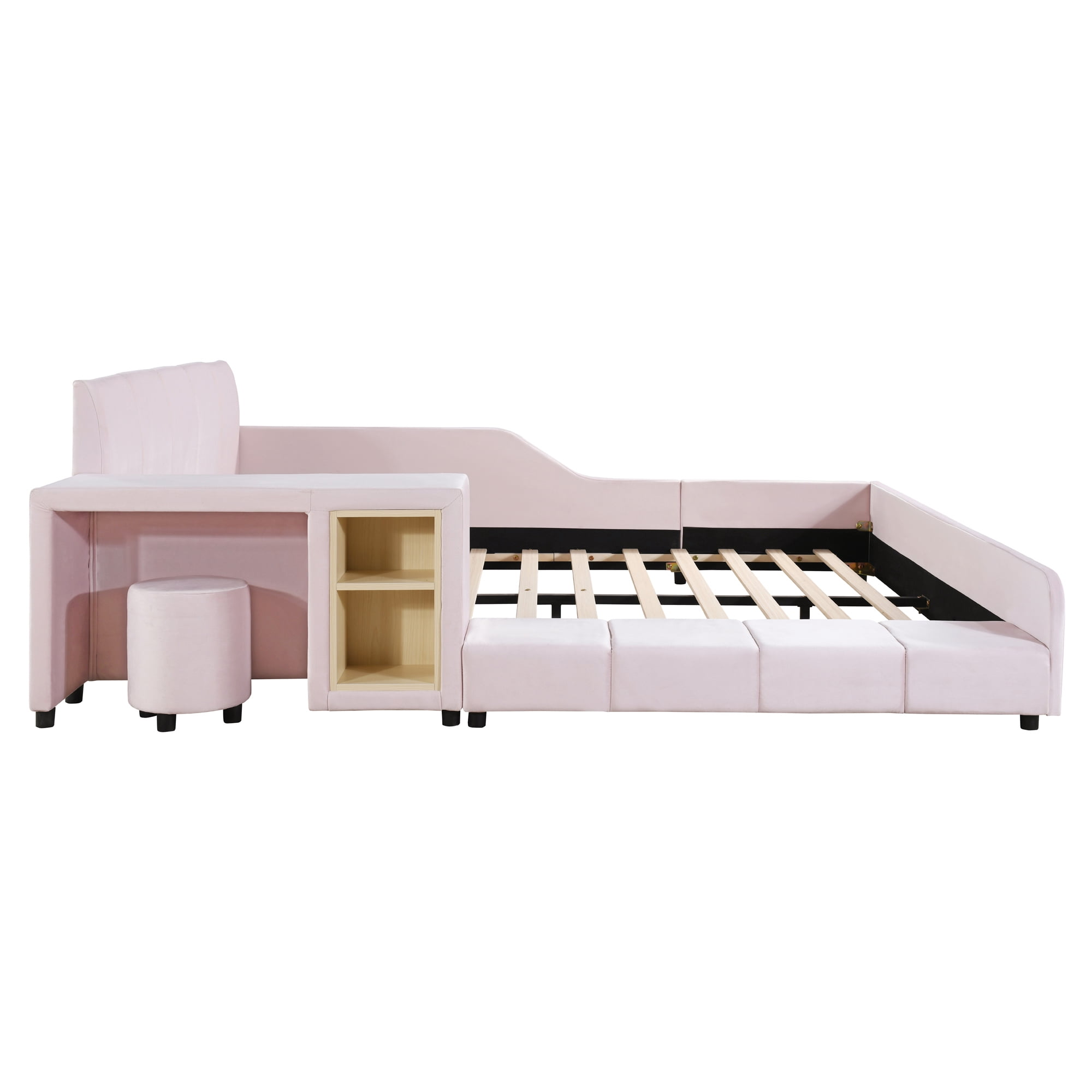 Aukfa Queen Size Velvet Upholstered Mother & Child Bed Frame, Grounded Platform Bed with Bedside Desk & Round Stool, Floor Bed for Kids & Adults Bedroom, Pink