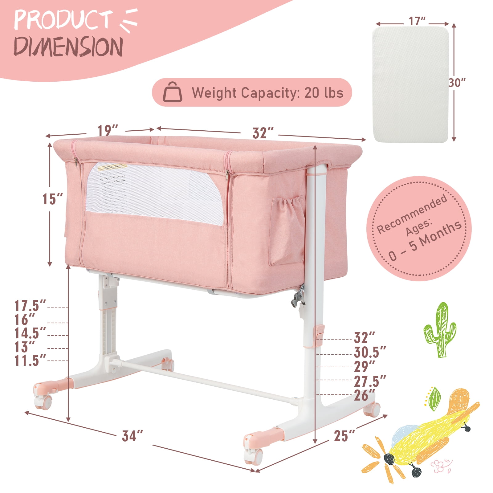 Babyjoy 3-in-1 Baby Bassinet Beside Sleeper Crib with 5-Level Adjustable Heights Pink