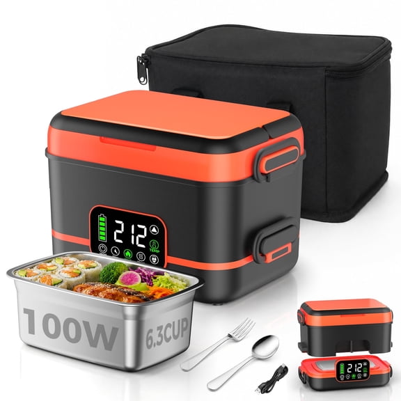 5-Sided Heating Wireless Electric Lunch Box, 1.5L Portable Food Warmer, Leak-proof Stainless Steel Container, Rechargeable, Orange