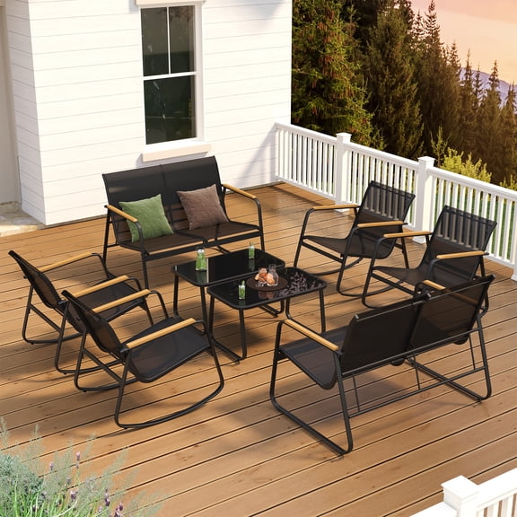 Lofka 8-Person Patio Furniture Set, 2 Loveseats   4 Chairs   2 Glass Coffee Tables, All-Weather Textilene, Easy Assembly for Big Families (Black)