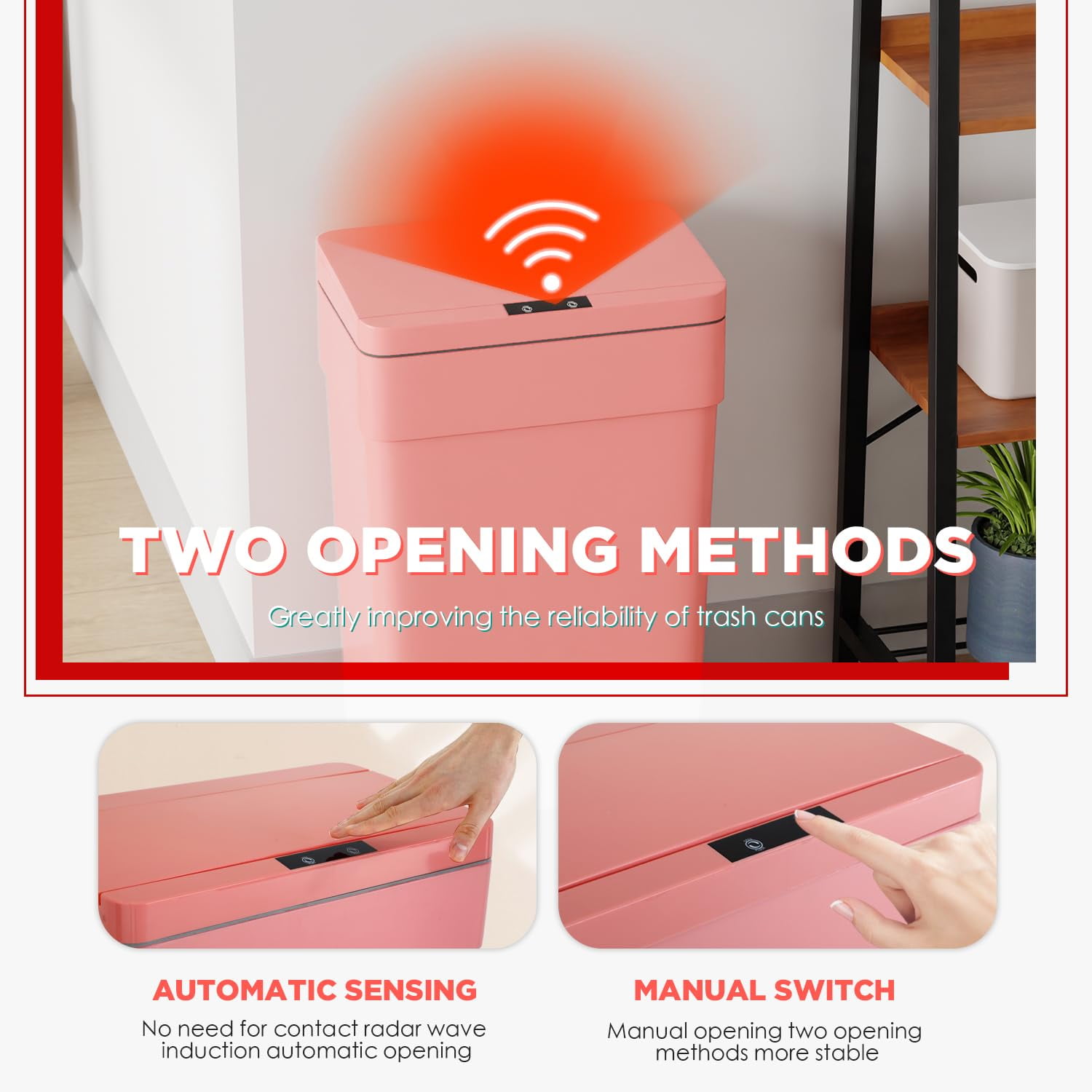 CL.HPAHKL 13 Gallon Motion Sensor Waste Bin, 50L High-Capacity Plastic Garbage Can with Lid, Touchless Automatic Trash Can for Home Office, Kitchen, Bedroom (3, Pink)