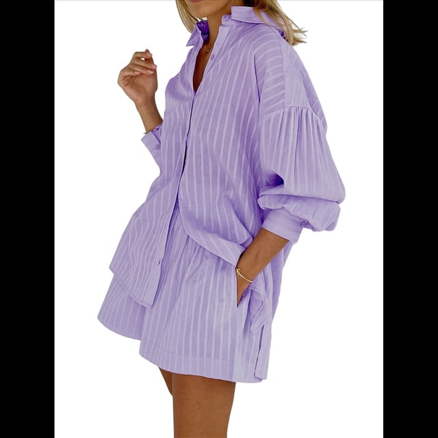 Conjuntos de 2 Piezas: Camisa Abotonada, Top y Pantalones Cortos, Conjuntos Casuales para Estar en Casa Púrpura M