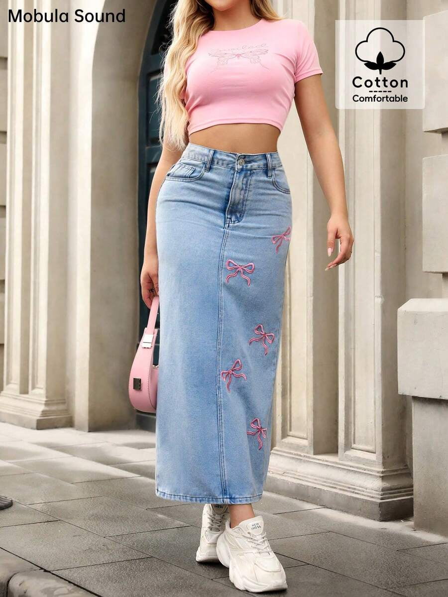 Blue Bow Embroidered Denim Midi Skirt Straight Fit Casual