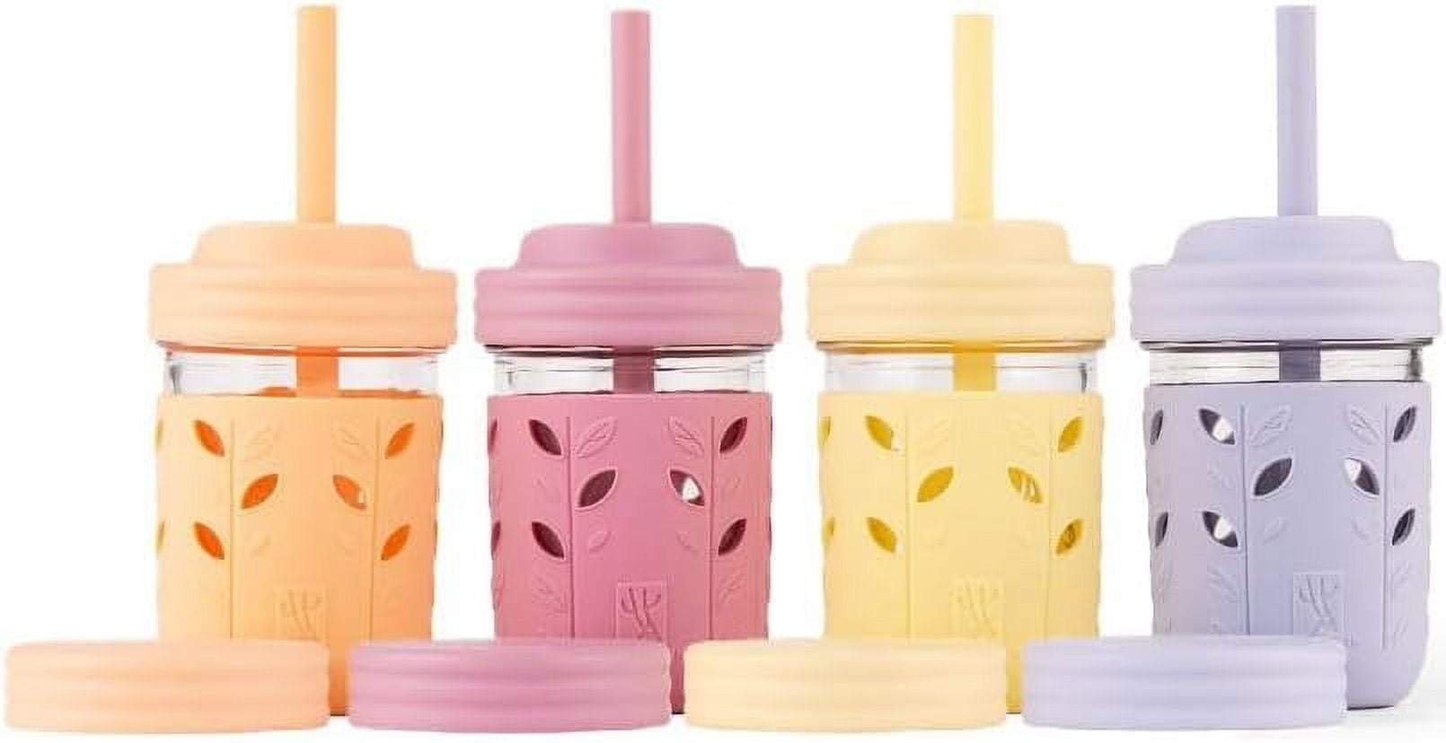 Kids + Toddler Glass Cups | The Original 8oz Glass Mason Jar with Sleeves + Lids | Silicone Straws + Stopper | Smoothie Cup | Food Storage | Spill Resistant | Dishwasher Safe | 4 Pack