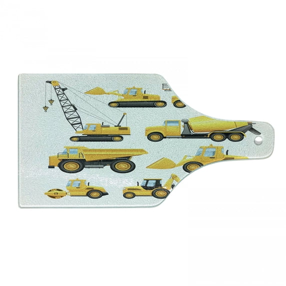Cartoon Cutting Board, Abstract Images of Construction Vehicles Machinery Trucks Bulldozer Crane, Tempered Glass Cutting and Serving Board, Wine Bottle Shape, Earth Yellow Black, by Ambesonne