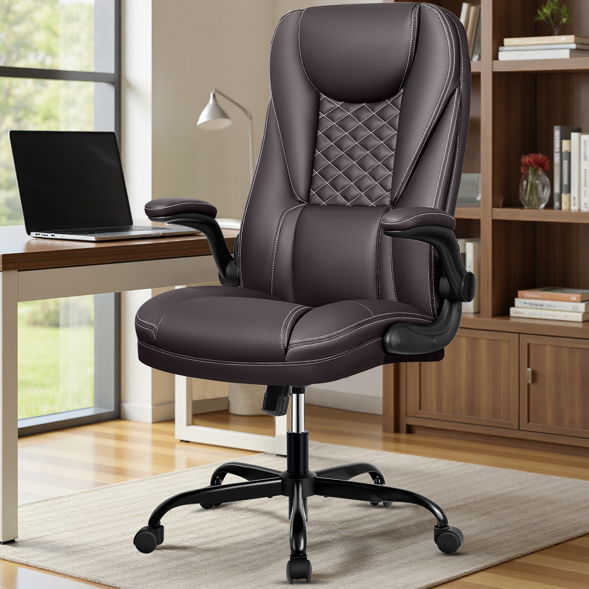 COOLHUT Big and Tall Office Chair, Executive Home Office Desk Chairs, Ergonomic Computer Faux Leather Desk Chair with Adjustable Flip-Up Arms, Lumbar Support Swivel Task Chair, Coffee