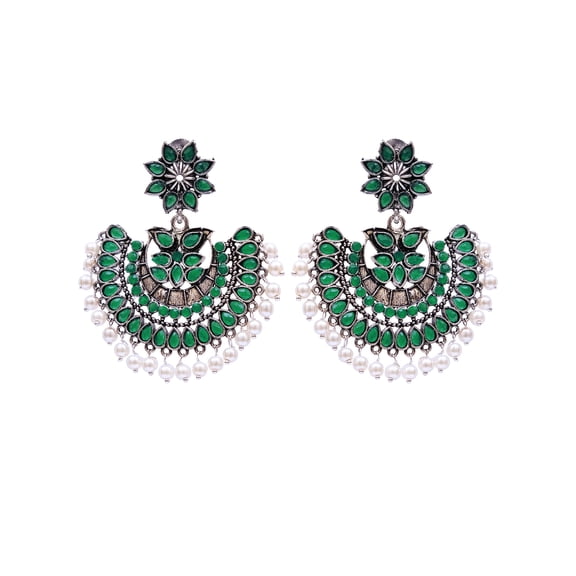 Crunchy Fashion Bollywood Jewellery Traditional Ethnic Bridal Bride Wedding Bridesmaid Oxidised Silver Indian Green Meenakalri Chandbali Earrings Jewelry For Women