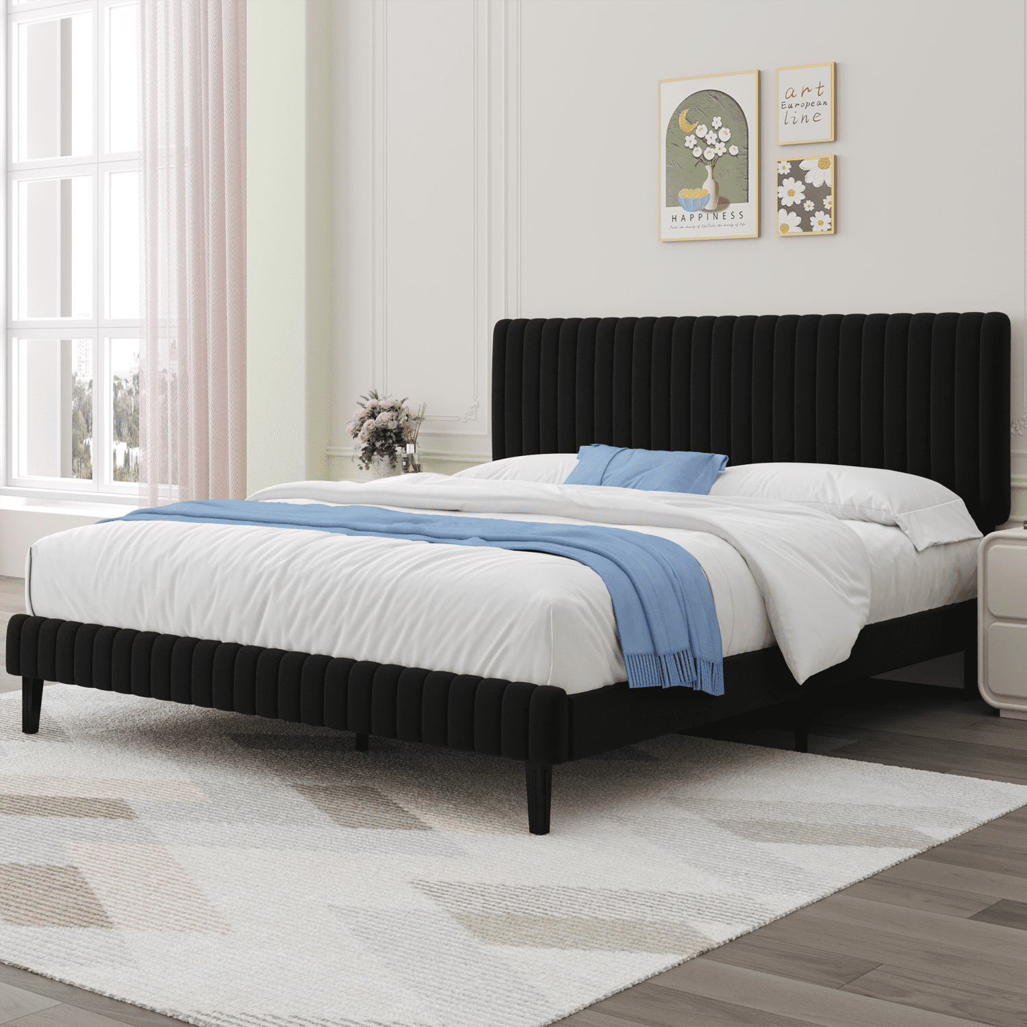 4 EVER WINNER King Size Bed Frame, King Size Upholstered Platform Bed Frame with Vertical Channel Tufted Headboard, Black King Bed Frame, Black