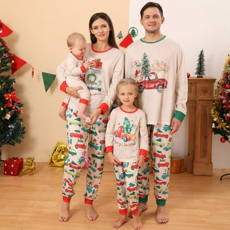 

URMAGIC Matching Christmas Family Pajamas Sets Xmas Pyjamas with Cartoon Car and Christmas Tree Long Sleeve Tee and Bottom Loungewear Sleepwear