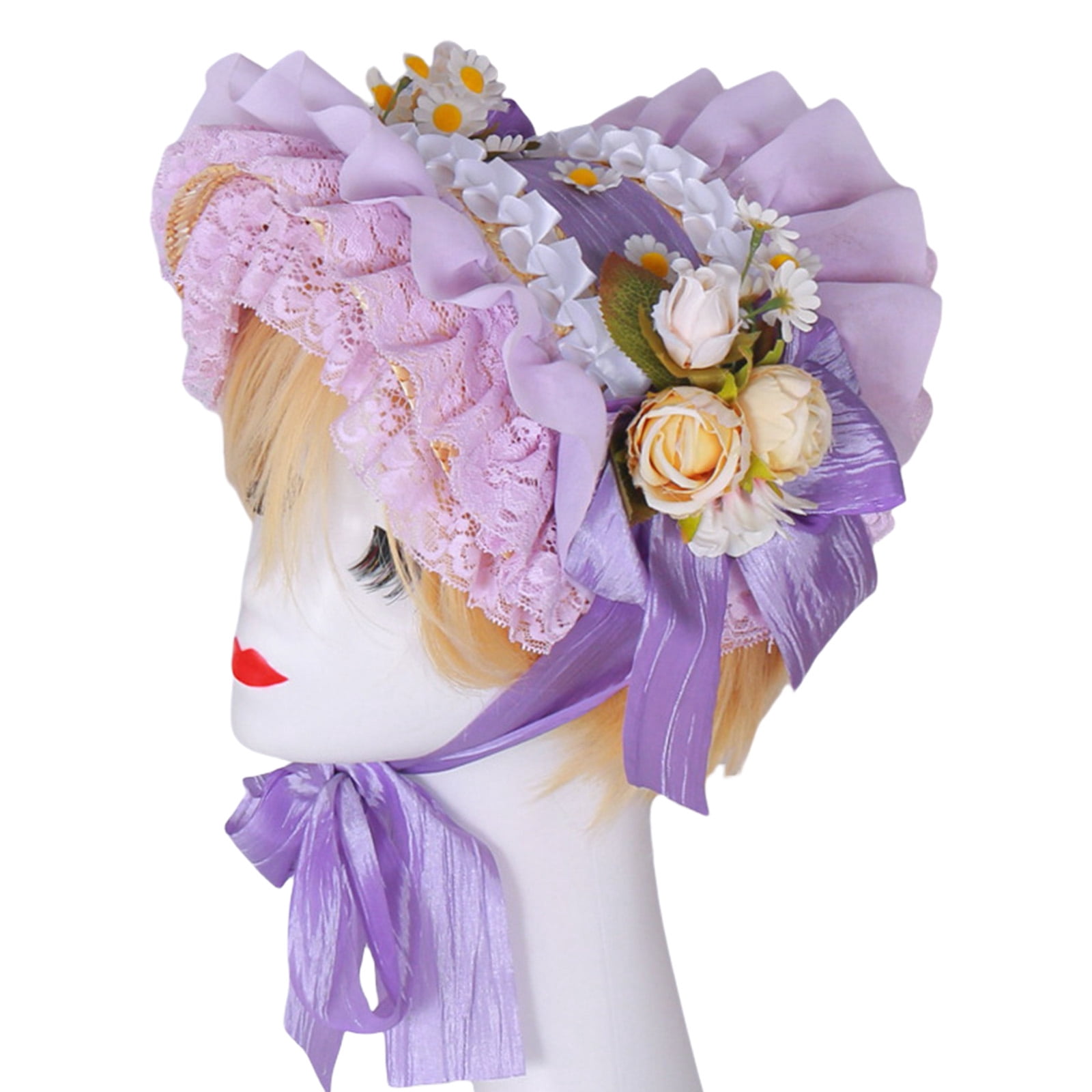 Victorian Lace Designs Straw Bonnet Hat For Women With Ruffled Trim and Rose Flower For Cocktail Party And Cosplay Event