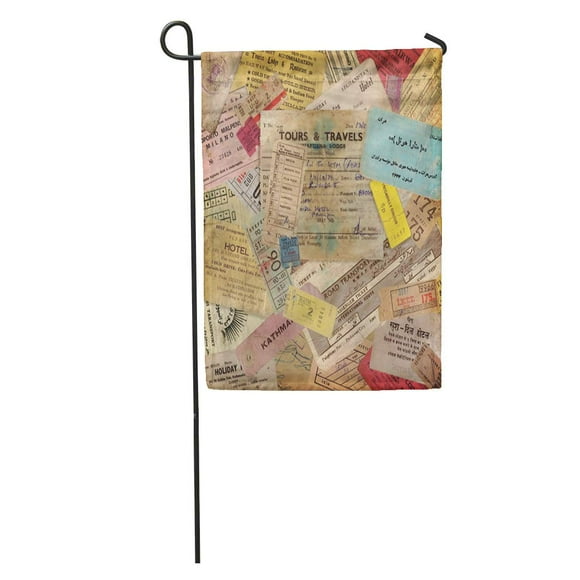 JSDART Vintage Travel Made of Lots Old Tickets Boarding Passes Hotel Garden Flag Decorative Flag House Banner 28x40 inch