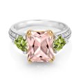 thumbnail image 2 of Gem Stone King 925 Sterling Silver and 10k Yellow Gold Peach Nano Morganite and Green Peridot 3 Stone Engagement Ring for Women (4.35 Cttw, Octagon Cut 10X8MM, Size 9), 2 of 4