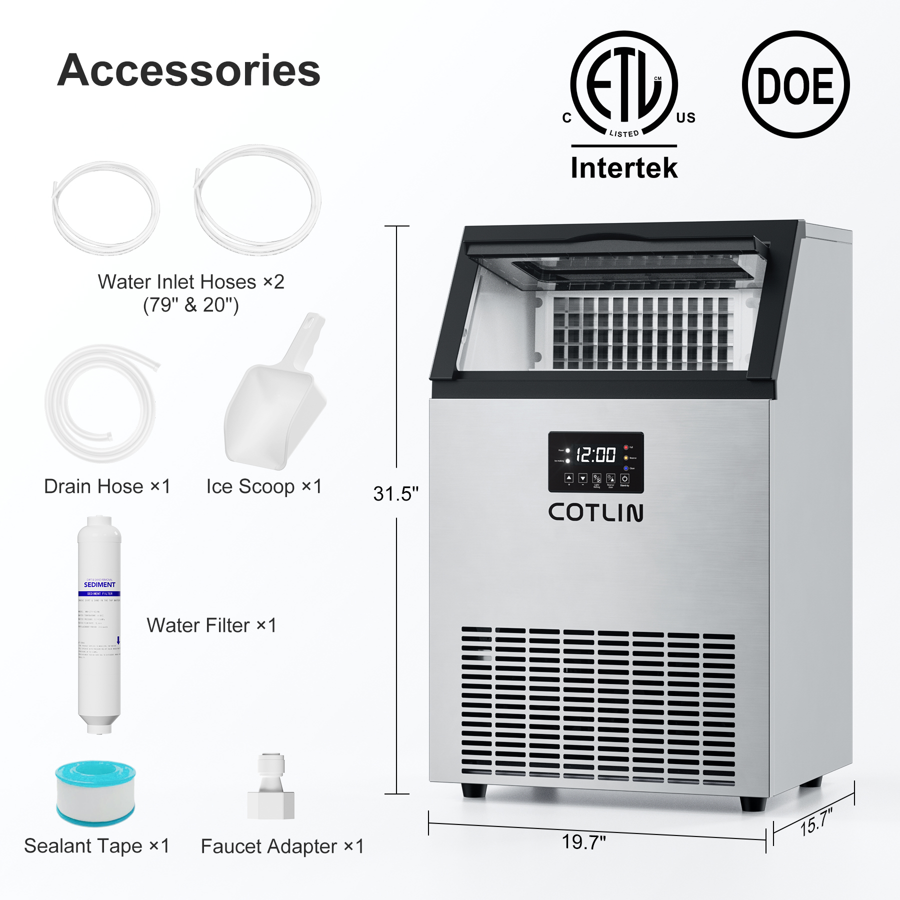 COTLIN Commercial Ice Maker Machine 150LBS/24H, 20’’ Under Counter Ice Machine with 33LBS Storage Bin/ Built-in Cleaning System, Freestanding Ice Maker for Restaurants/Bars, ETL Approved