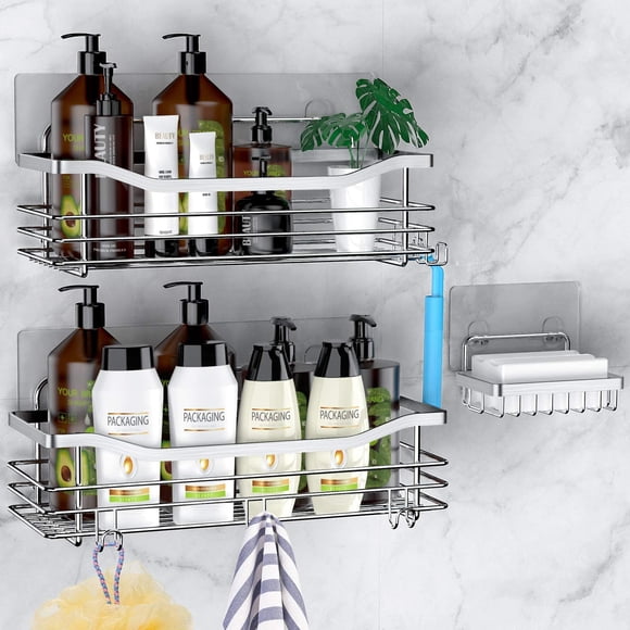 Orimade Cesta para Ducha Jabonera Estante con 5 Ganchos Estante Organizador de Baño Estante de Almacenamiento de Cocina Adhesivo para Montar en la Pared Sin Perforación Acero Inoxidable SUS304 Inoxida
