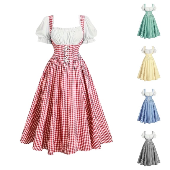 Noric Women's Puff Short Sleeve Long Dresses Square Neck Lace Up Corset Waist Gingham Print Vintage A-Line Dresses