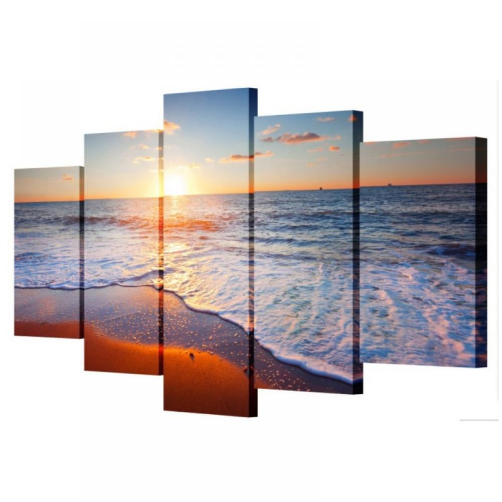 Beach waves sunset landscape framed print canvas 5 pieces