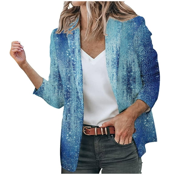 WXLWZYWL Winter Coats for Women Plus Size Clearance Women'S Casual Blazer Open Front Lapel Long Sleeve Gradient Print Pocket Suit Work Office Jackets Blazer