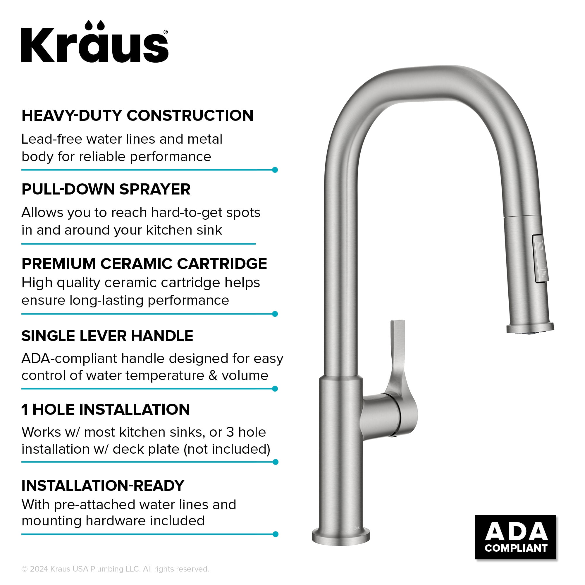 Kraus KPF-2841SFBB Torak 1.8 GPM Single Hole Pull Down Kitchen Faucet - Spot Free Brushed