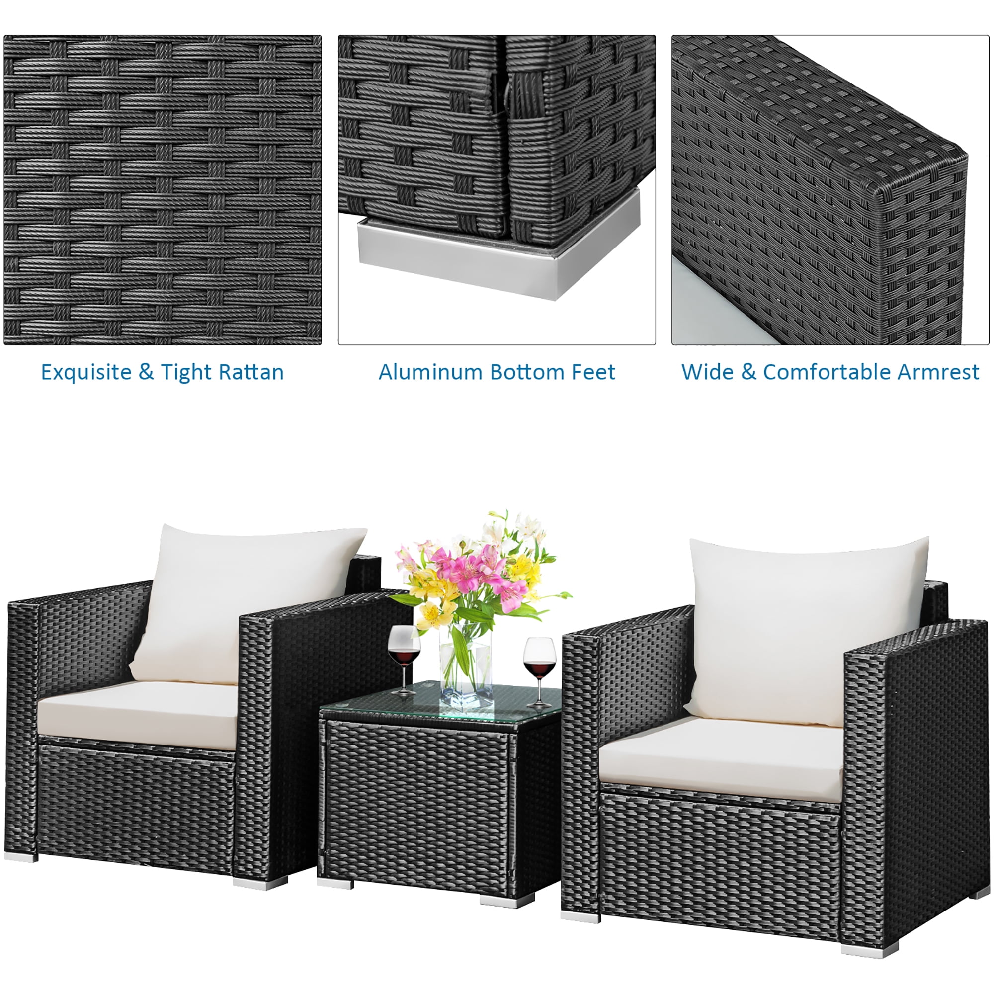 Costway 3PCS Patio wicker Furniture Set Conversation Rattan Sofa Set w/Cushion Garden