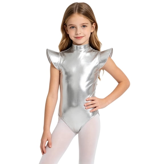 Hansber Girls Gymnastics Leotard Metallic Shiny Flying Sleeve Mock Neck Dance Bodysuit One Piece Tumbling Outfit Silver 14