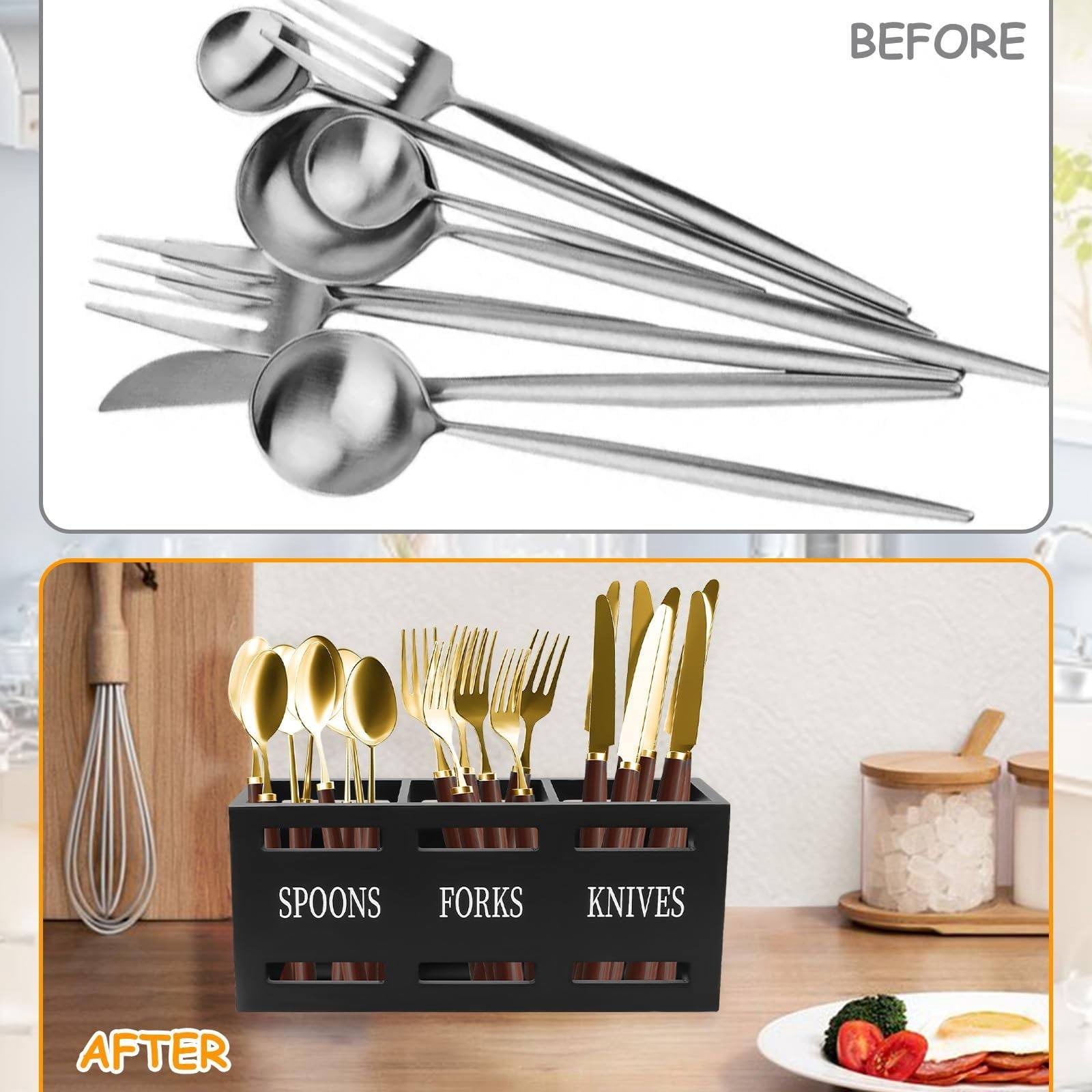 Dusknt Black Wooden Cutlery Holder, 3 Compartment Silverware Organizer for Countertop, Utensil Storage Container for Fork Spoon Knife, Great for Summer Kitchen