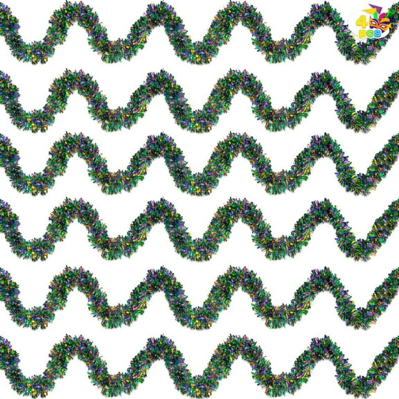 Joyfy 4 Pcs Mardi Gras Tinsel Garland Decorations, 66 Ft Gold Green Purple Metallic Streamers for Sparkling Glittering Hanging Decorations, Mardi Gras Indoor Outdoor Party Accessories