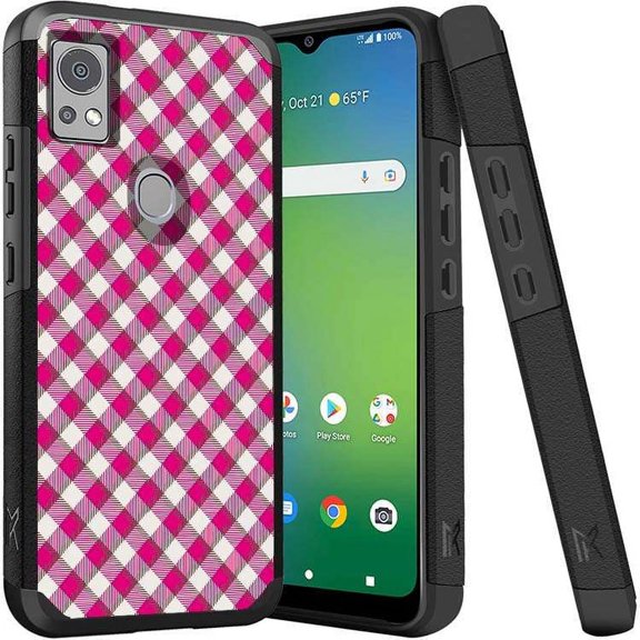 ANJ  Shockproof Dual Layer Slim Hard Case   Tempered Glass Cover Compatible with Icon 5, AT&T Motivate 4 - Pink/White Checkers