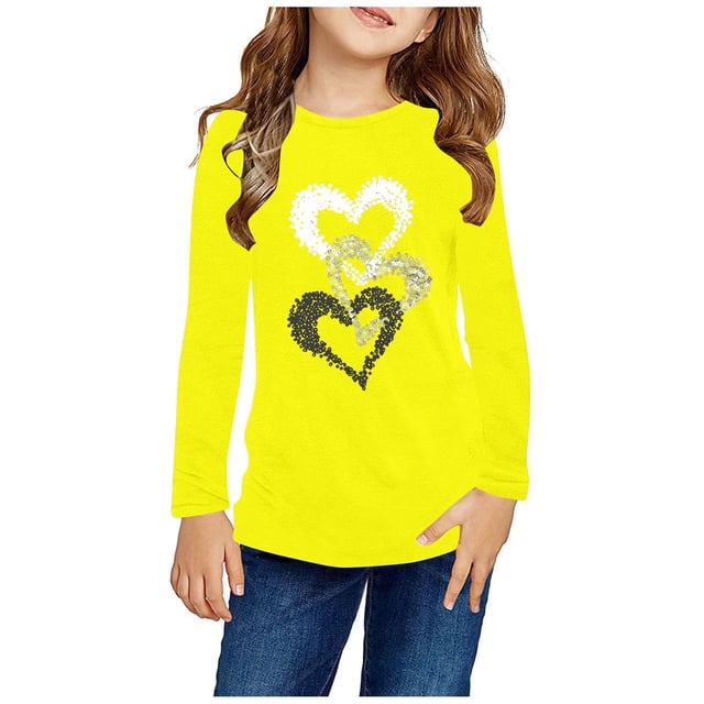 RXIRUCGD Chemises à Manches Longues pour Filles, Col Rond Mignon, Blouses Décontractées Élégantes (Jaune, Taille : 3 Ans)