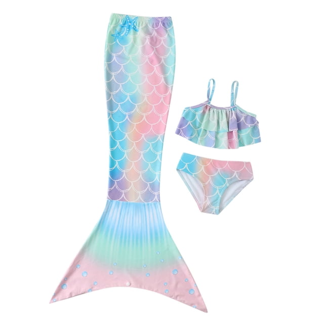 Girls Swimsuit Summer Gradient Printed Ruffles Sling Top Briefs Fishtail Skirt Split Swimsuits Girls Bathing Suit Light Pink 4-5Y