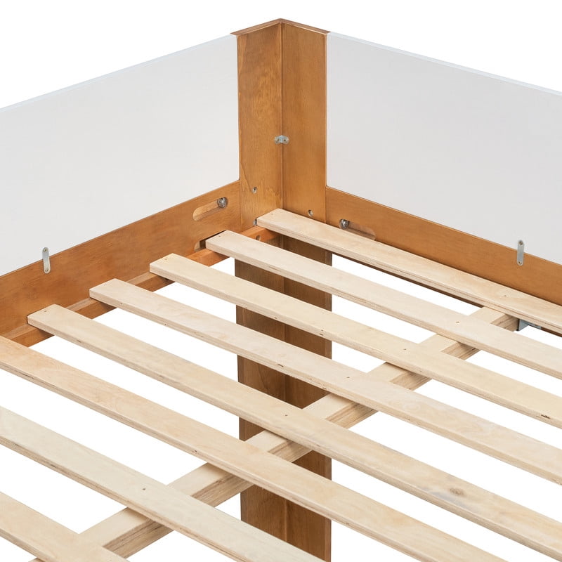 Queen-Over-Queen Low-Profile Bunk Bed with Guardrails, Wooden Kids Bed with Reversible Ladder, Accent Two-Tone Bed Frame