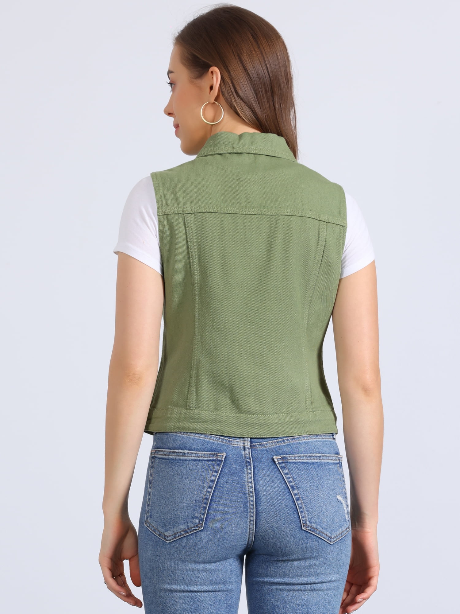 DARING DIVA Women's Denim Sleeveless Flap Pockets Vest Jacket M Pea Green