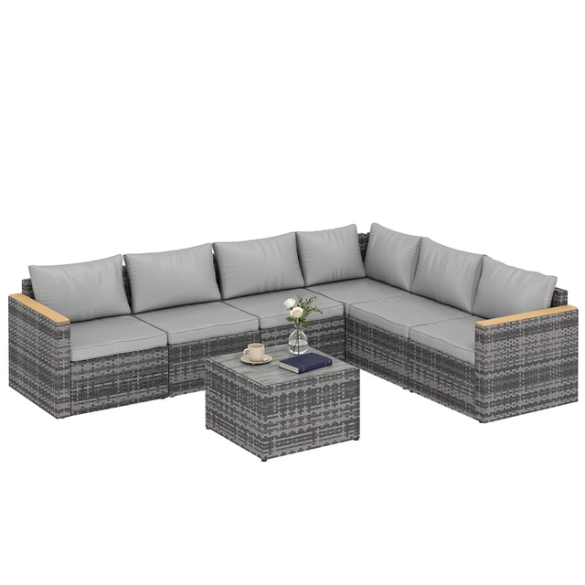 Outsunny 7 Piece Patio Furniture Set, Wicker Outdoor Sectional, Light Grey