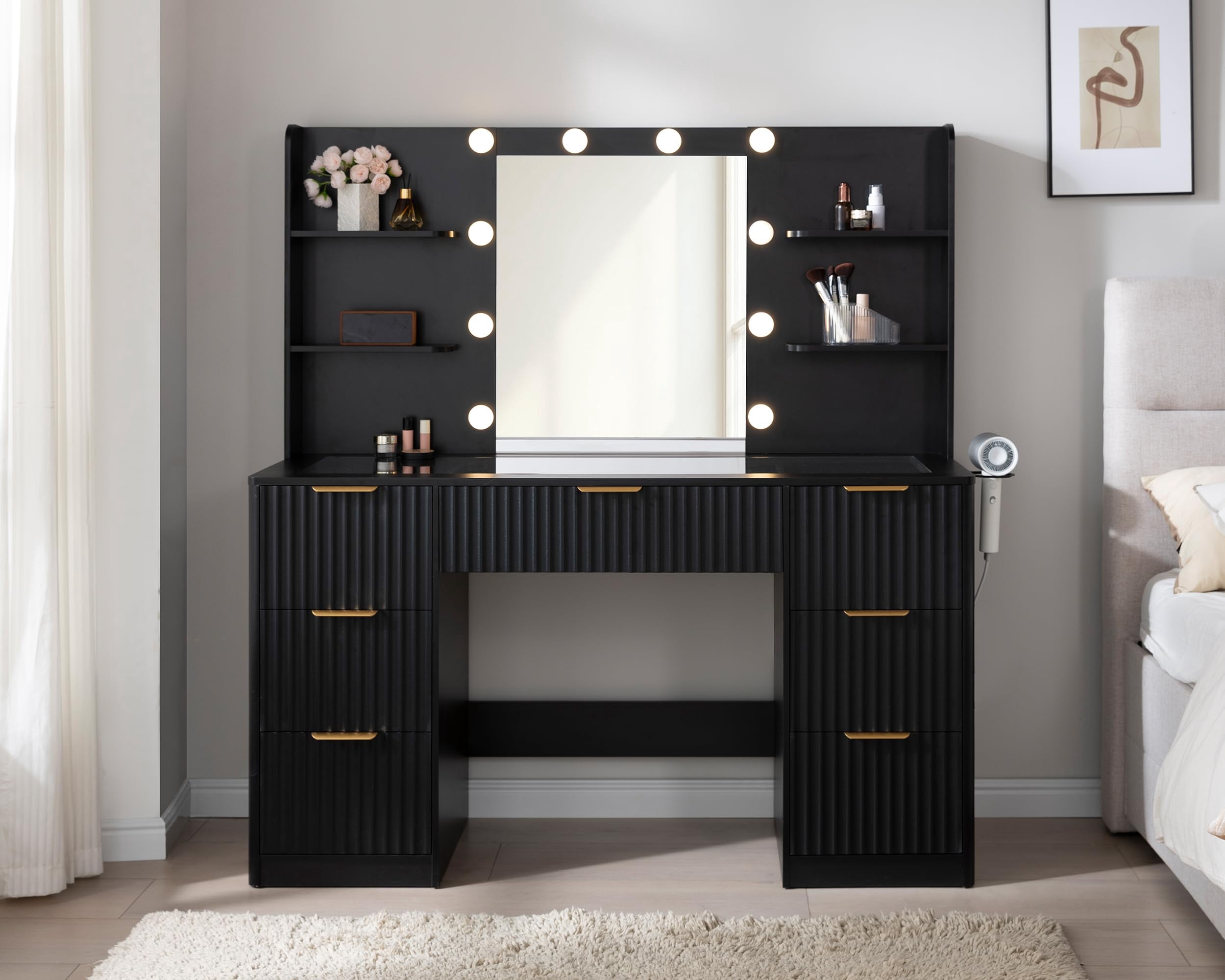 Merluxy 47.2" Girls Vanity Desk with Mirror and Adjustable LED Lights, 7 Drawers Makeup Table with Glass Top and Charging Station, Black