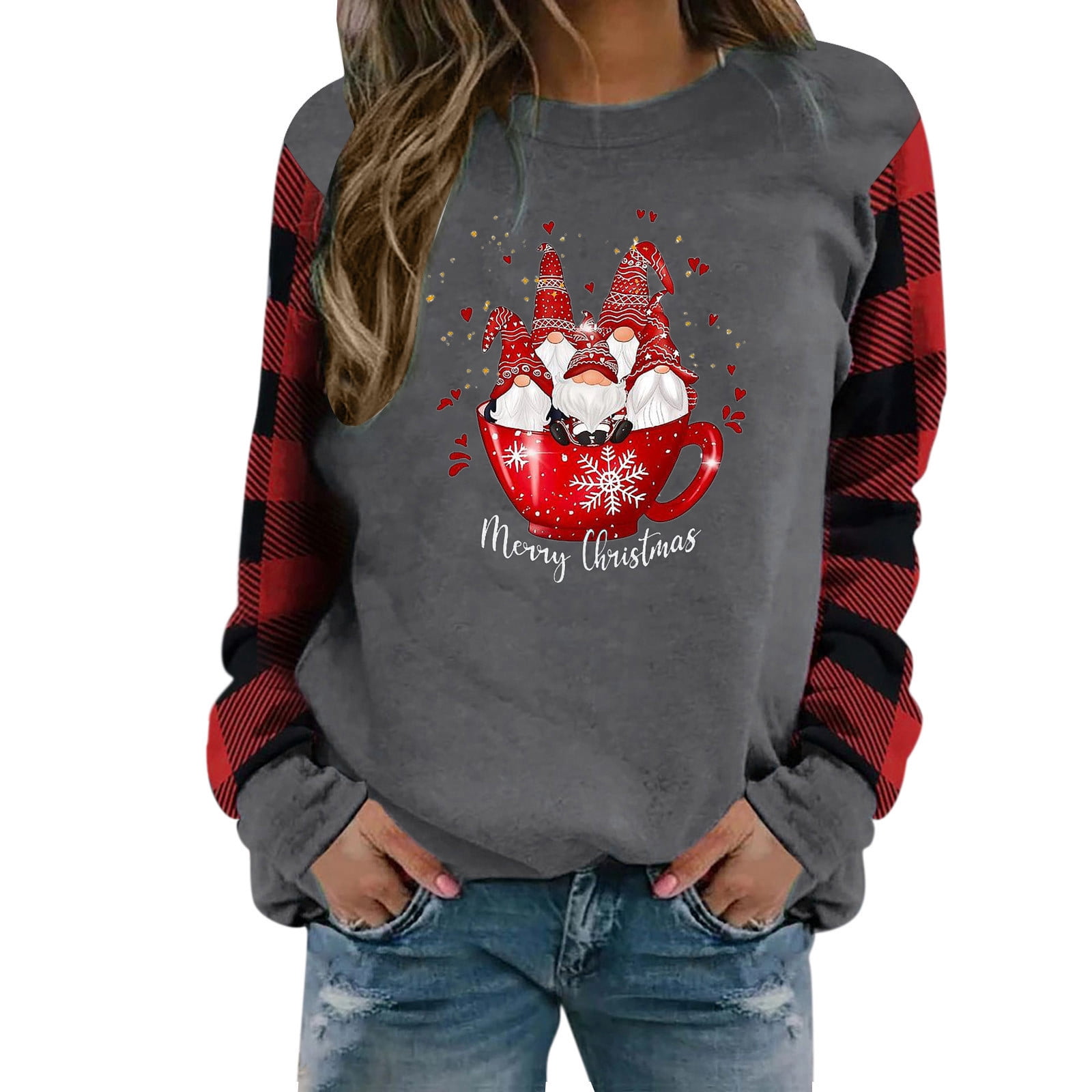 Women's Christmas Plaid Print Sleeve 