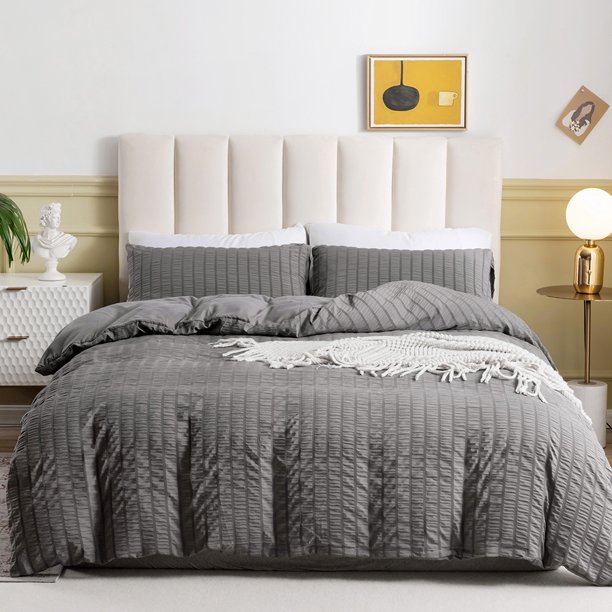 Juego de ropa de cama de tres piezas, sencillo, de color liso, hecho a mano, de seersucker para el hogar