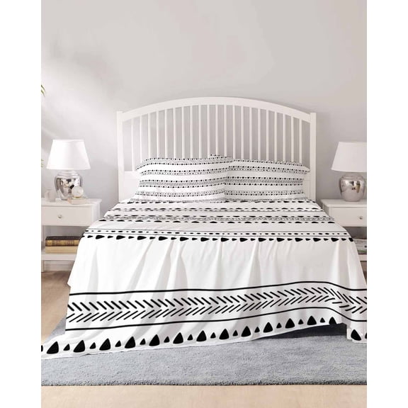 4 Piece King Sheet Set White Boho Geometric Sheets Set for King Size Bed, Breathable Soft Microfiber Bed Sheets Cooling Abstract Art Dots Striped Fitted Sheet Deep Pocket, Pillowcases