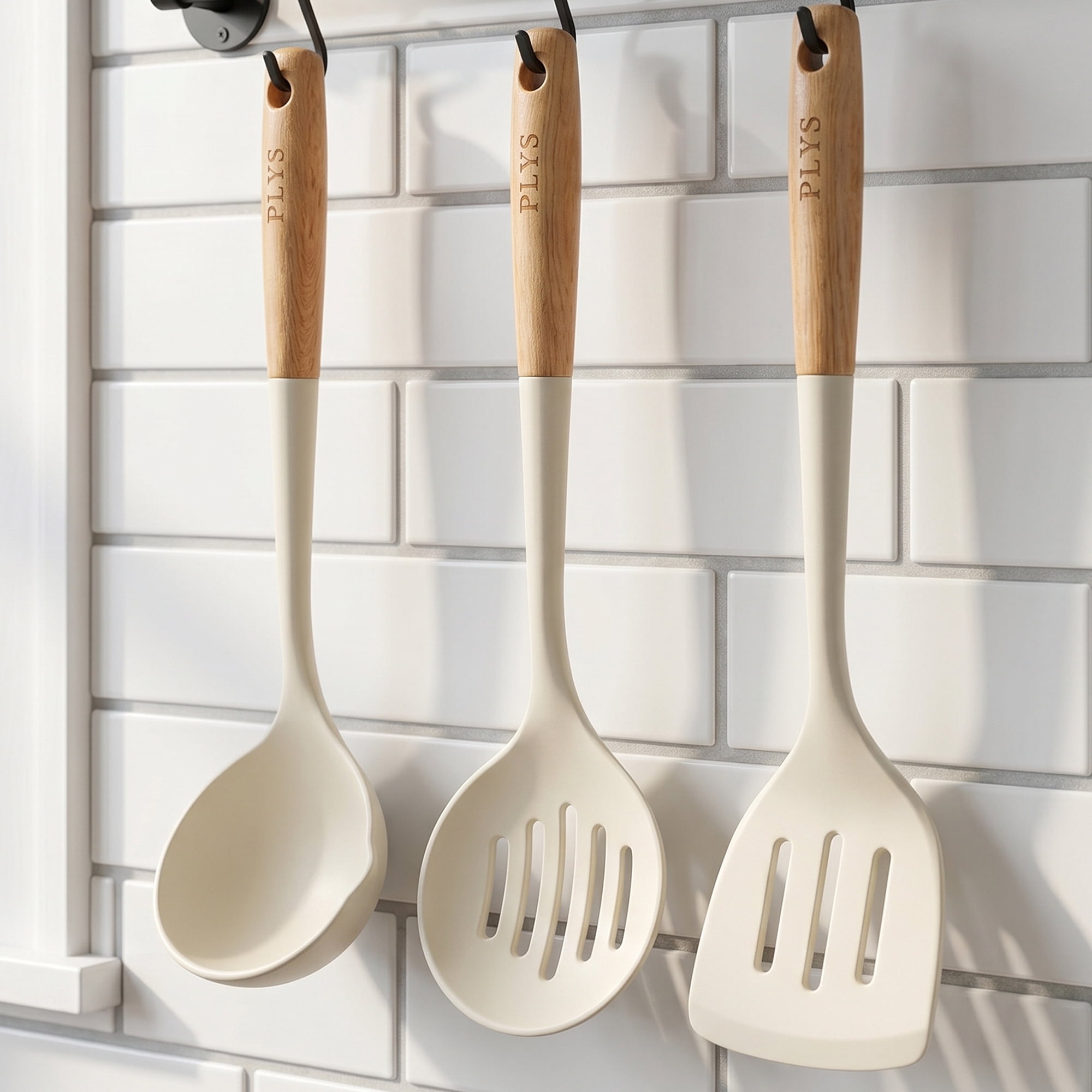 Unique Bargains Color-Blocked Round Holes Silicone Kitchen Utensil Set White E 3pcs